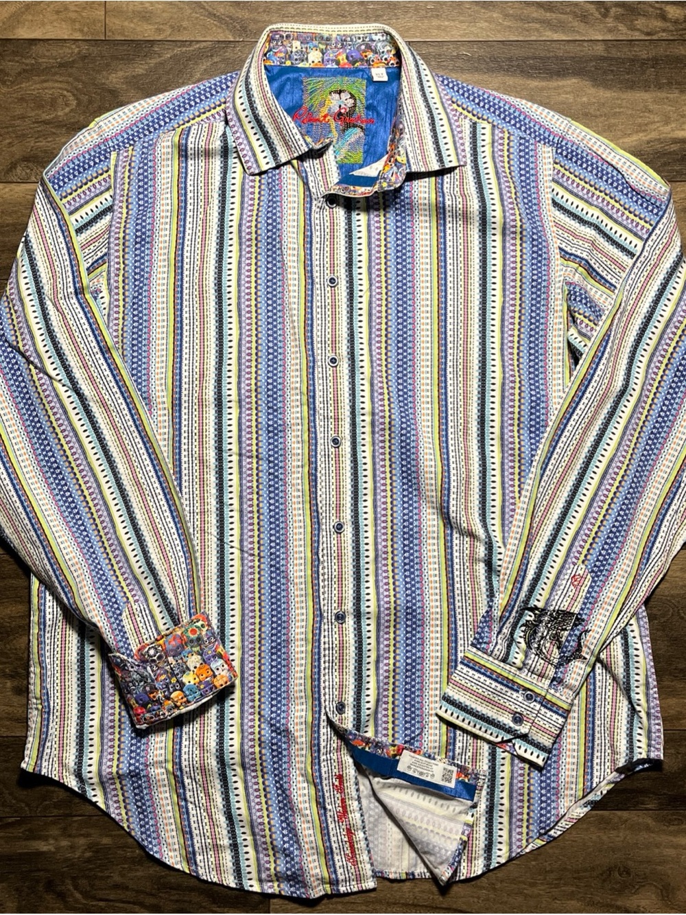 Robert Graham XLT Textured Striped Flip Cuff Shirt Mens Vacation Embroidered EUC